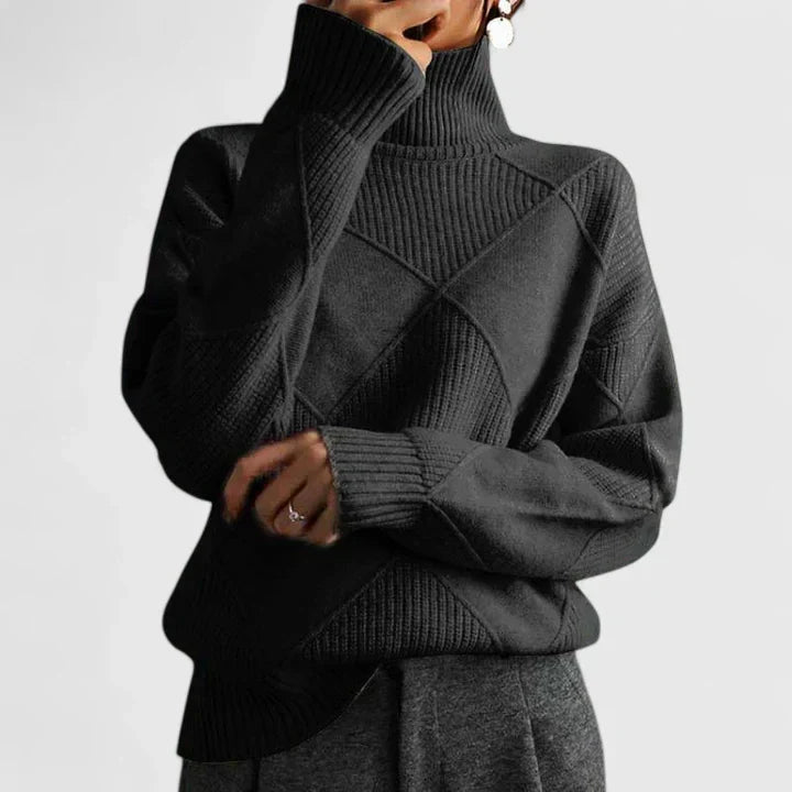 Women's Diamond Textured Turtleneck Knit Sweater with Oversized Fit, Ribbed Cuffs and Hem