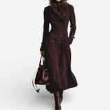 Women's Long Faux Suede Trench Coat with Double-Breasted Front, Black Trim and Flap Pockets