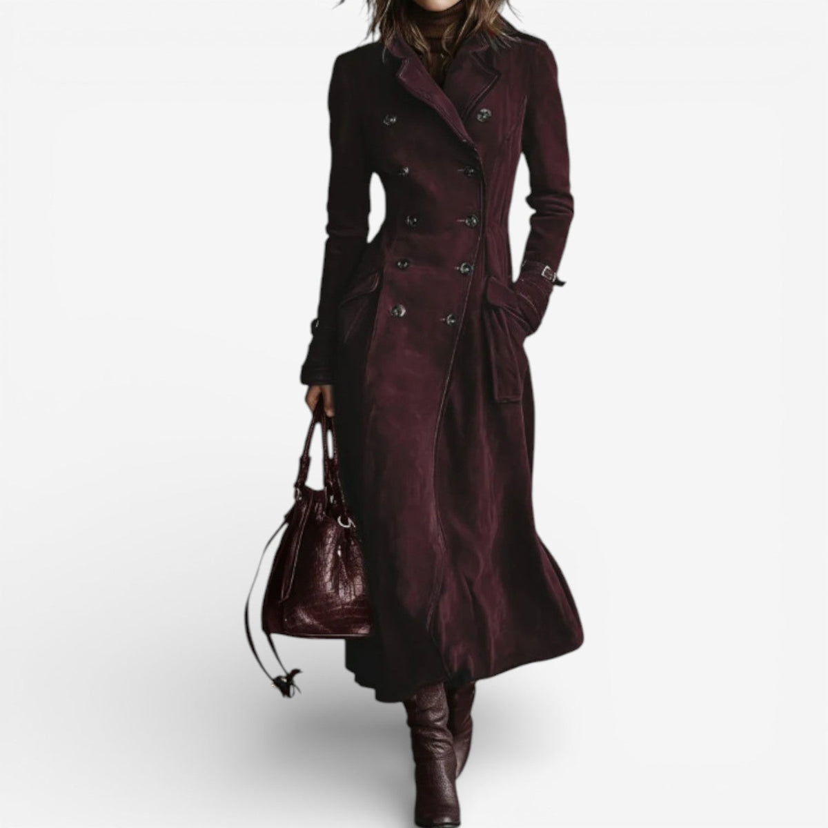 Women's Long Faux Suede Trench Coat with Double-Breasted Front, Black Trim and Flap Pockets