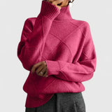 Women's Diamond Textured Turtleneck Knit Sweater with Oversized Fit, Ribbed Cuffs and Hem