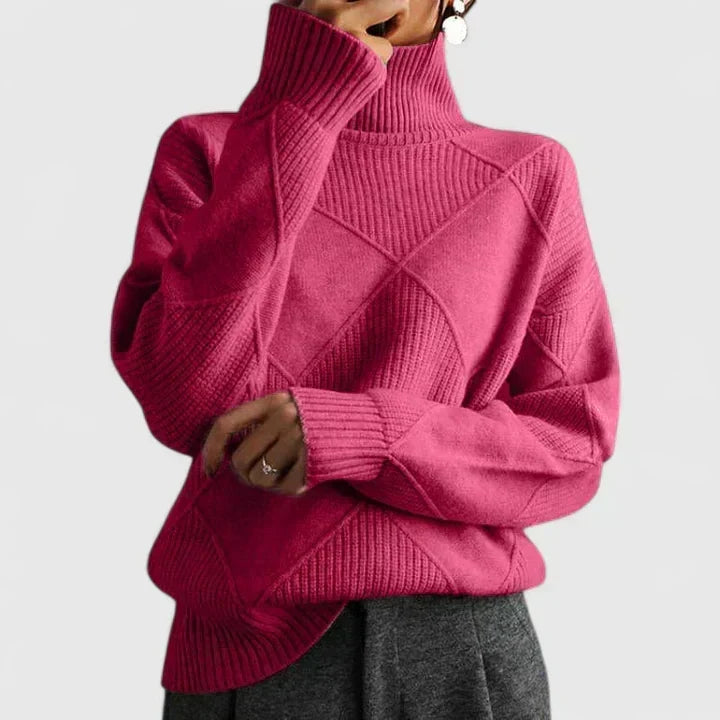 Women's Diamond Textured Turtleneck Knit Sweater with Oversized Fit, Ribbed Cuffs and Hem