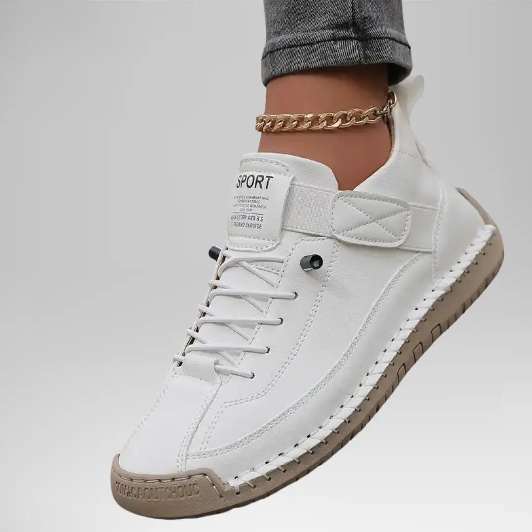 Women's Leather Comfort Sneakers with Cushioned EVA Sole, Elastic Panels and Stitched Trim