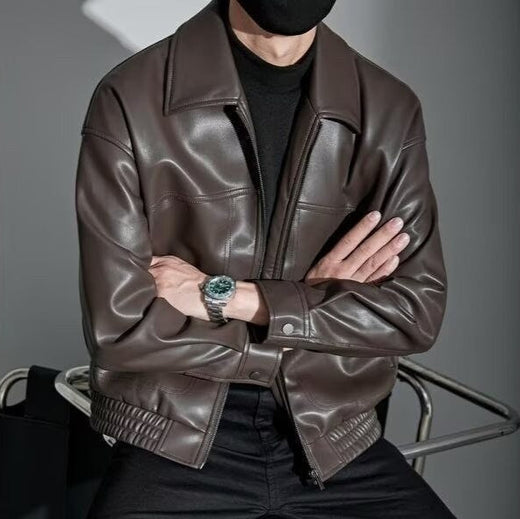 Men's Leather-Look Jacket Slim Fit with Zip Closure and Straight Collar