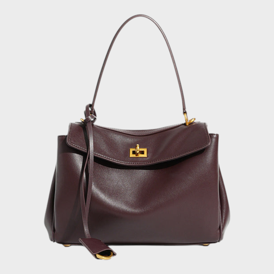 Women's Soft Leather Top Handle Handbag with Flap and Turn-Lock Closure