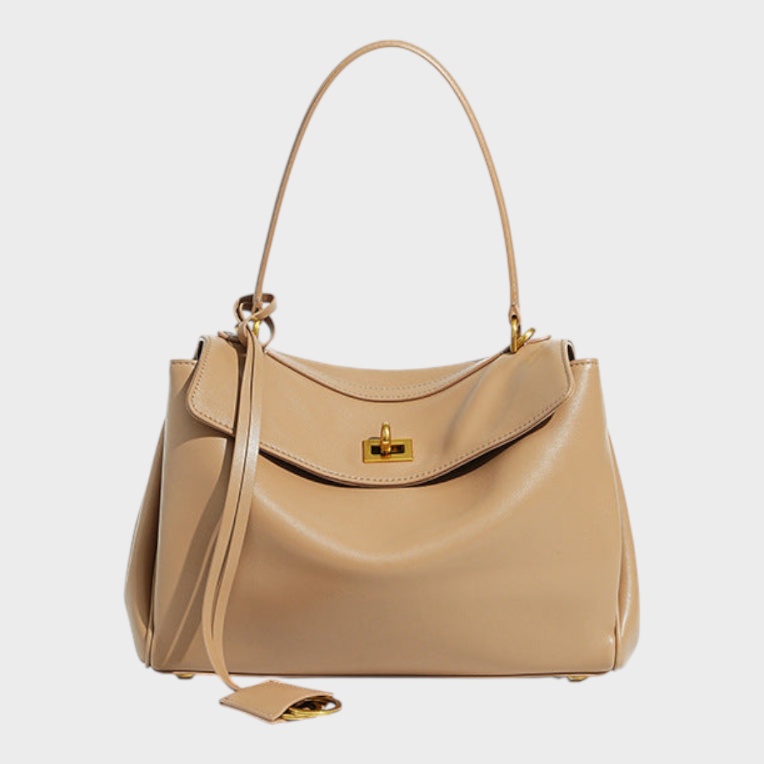 Women's Soft Leather Top Handle Handbag with Flap and Turn-Lock Closure
