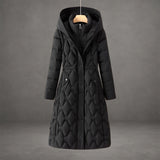 Women's Long Hooded Down Puffer Coat with Quilted Design, Cinched Waist and Pockets