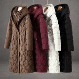 Women's Long Hooded Down Puffer Coat with Quilted Design, Cinched Waist and Pockets