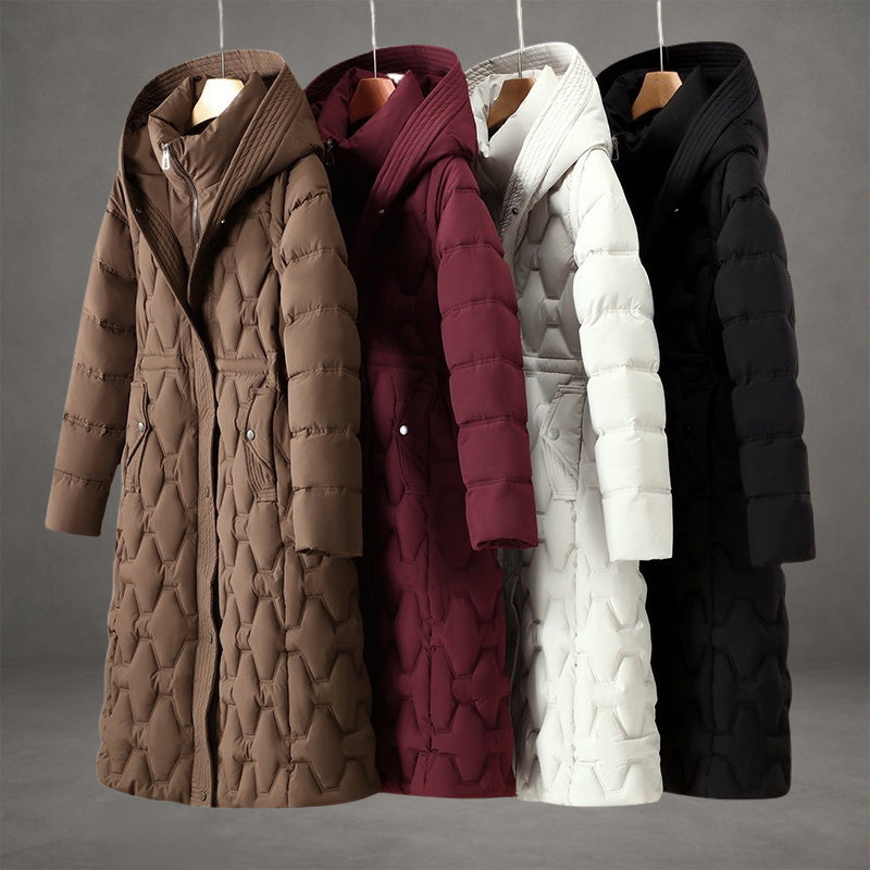 Women's Long Hooded Down Puffer Coat with Quilted Design, Cinched Waist and Pockets