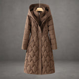 Women's Long Hooded Down Puffer Coat with Quilted Design, Cinched Waist and Pockets