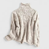 Women's Pointelle Cable Knit Sweater with Turtleneck Long Sleeves Oversized Relaxed Style