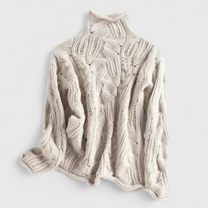 Women's Pointelle Cable Knit Sweater with Turtleneck Long Sleeves Oversized Relaxed Style