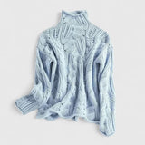Women's Pointelle Cable Knit Sweater with Turtleneck Long Sleeves Oversized Relaxed Style