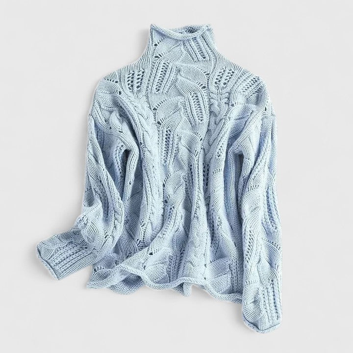 Women's Pointelle Cable Knit Sweater with Turtleneck Long Sleeves Oversized Relaxed Style