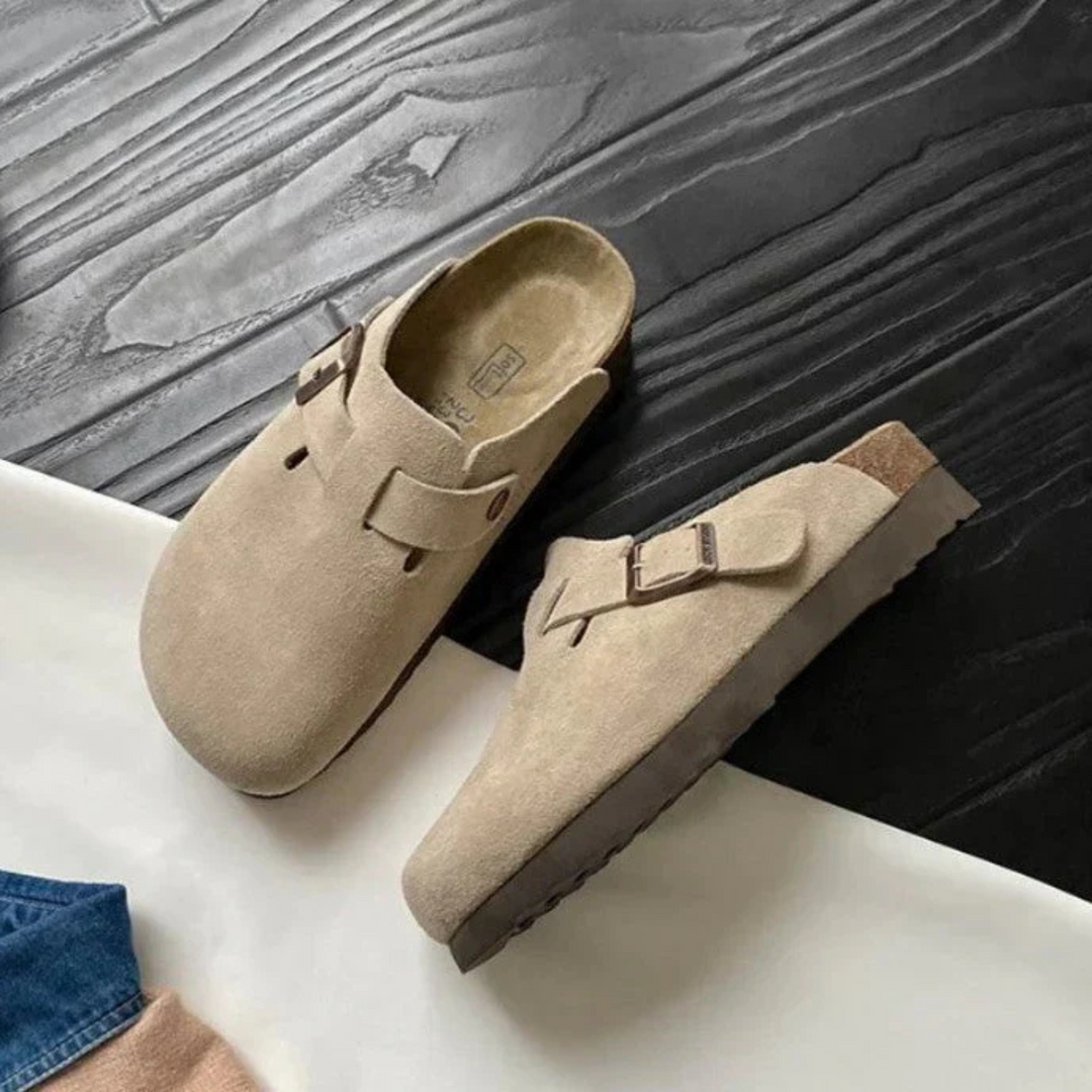 Lorenzo Men’s Classic Suede-Style Buckle Mules with Contoured Slip-On Design