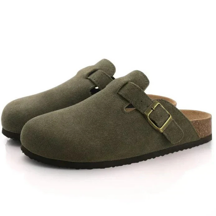 Lorenzo Men’s Classic Suede-Style Buckle Mules with Contoured Slip-On Design