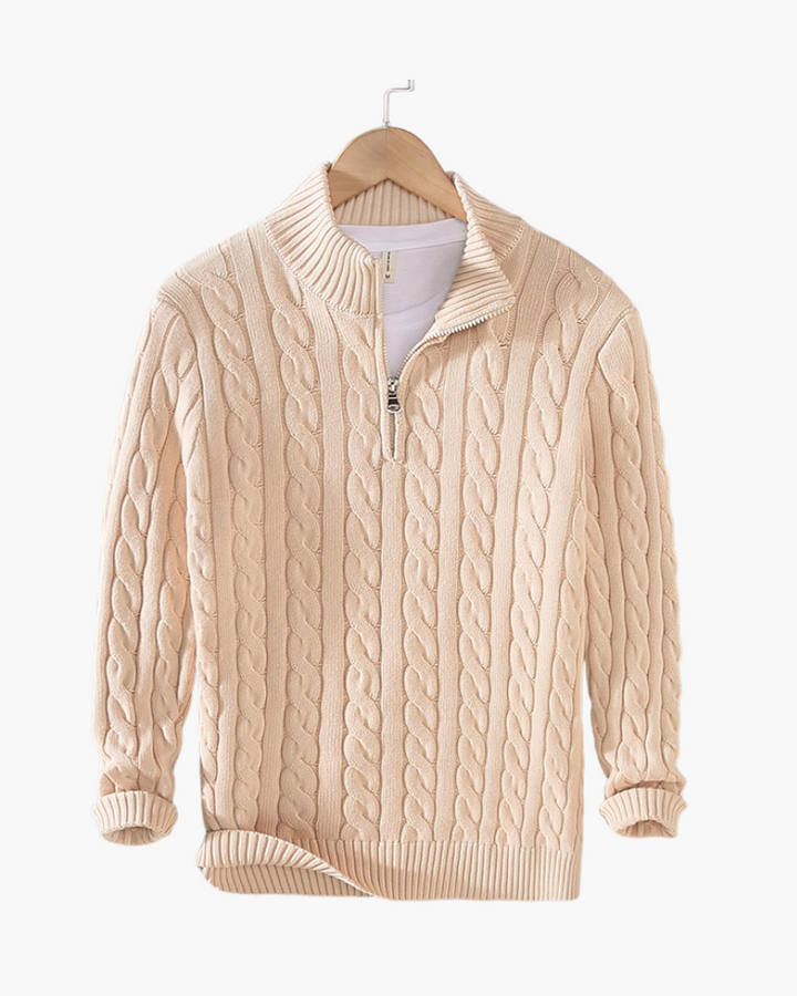 Lorenzo Men’s Classic Cable Knit Quarter-Zip Jumper with Ribbed Collar