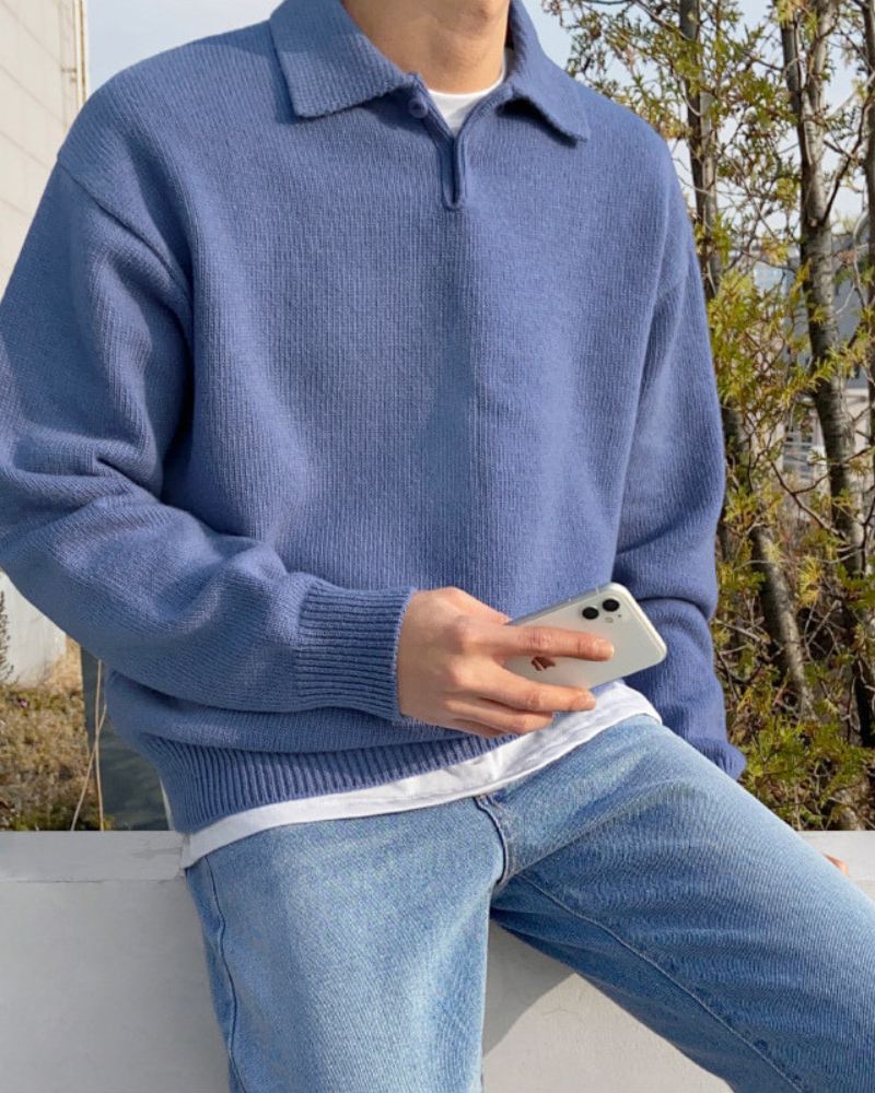 Men's Knitted Collar Sweater with Button Neck and Oversized Fit