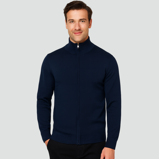Men's Knitted Zip Sweater with High Ribbed Collar