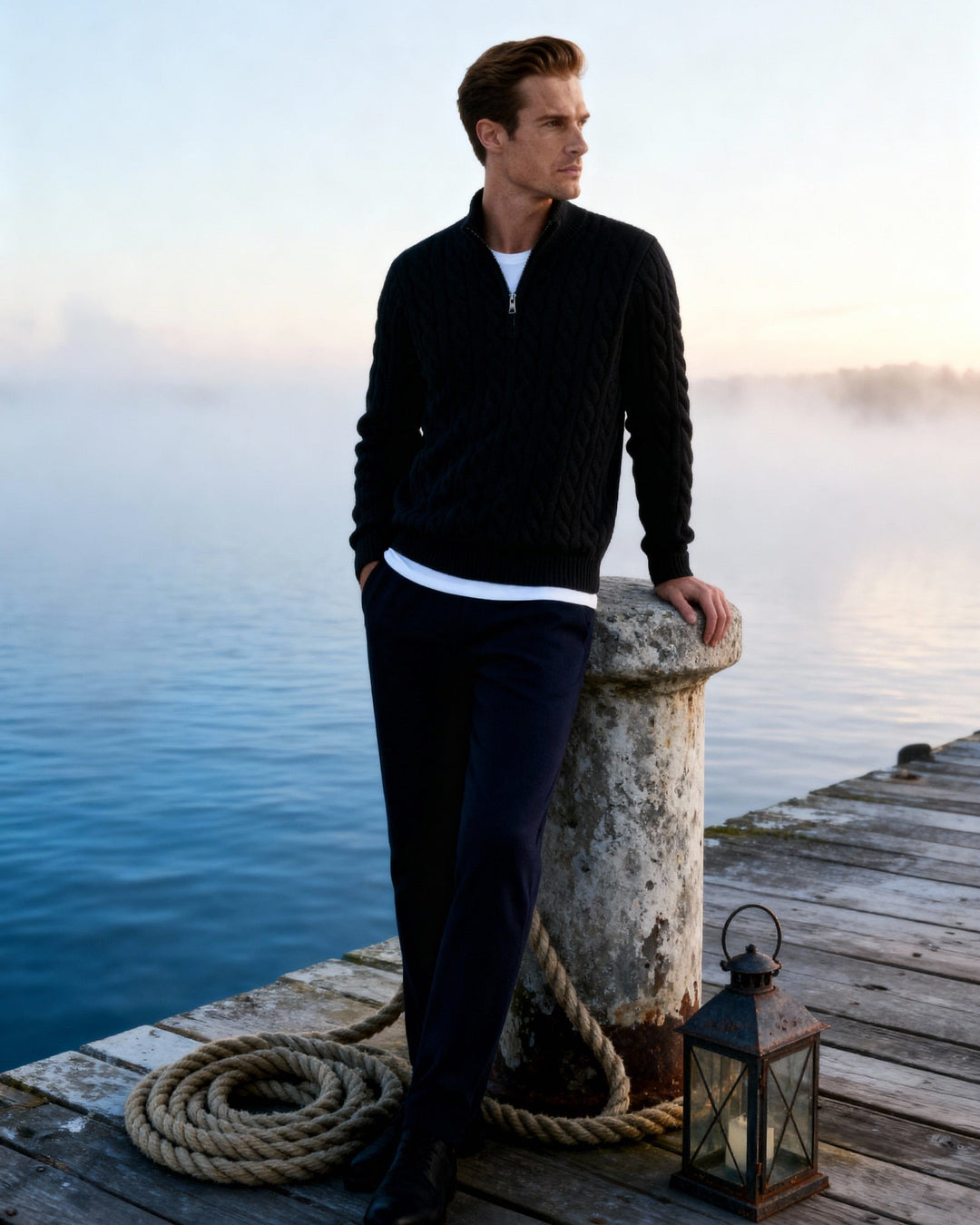 Lorenzo Men’s Classic Cable Knit Quarter-Zip Jumper with Ribbed Collar