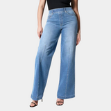Women's High Waist Wide Leg Jeans with Front Seam Detail, Five-Pocket Design and Stretch Denim