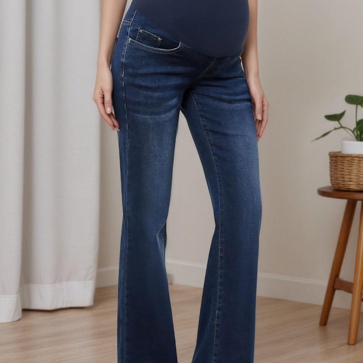 Women's Maternity Flare Jeans with Over-Belly Support Panel and Five-Pocket Design