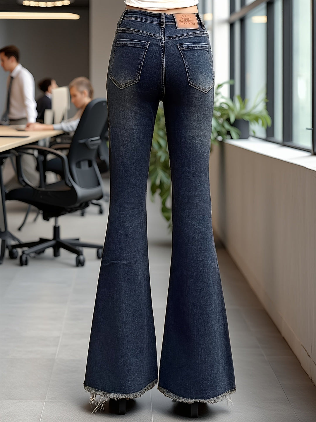 Women’s Medium Blue Frayed Hem Flare Jeans with High Waist, Front Seam Detail and Stretch Denim