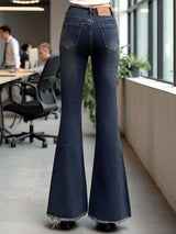 Women’s Medium Blue Frayed Hem Flare Jeans with High Waist, Front Seam Detail and Stretch Denim
