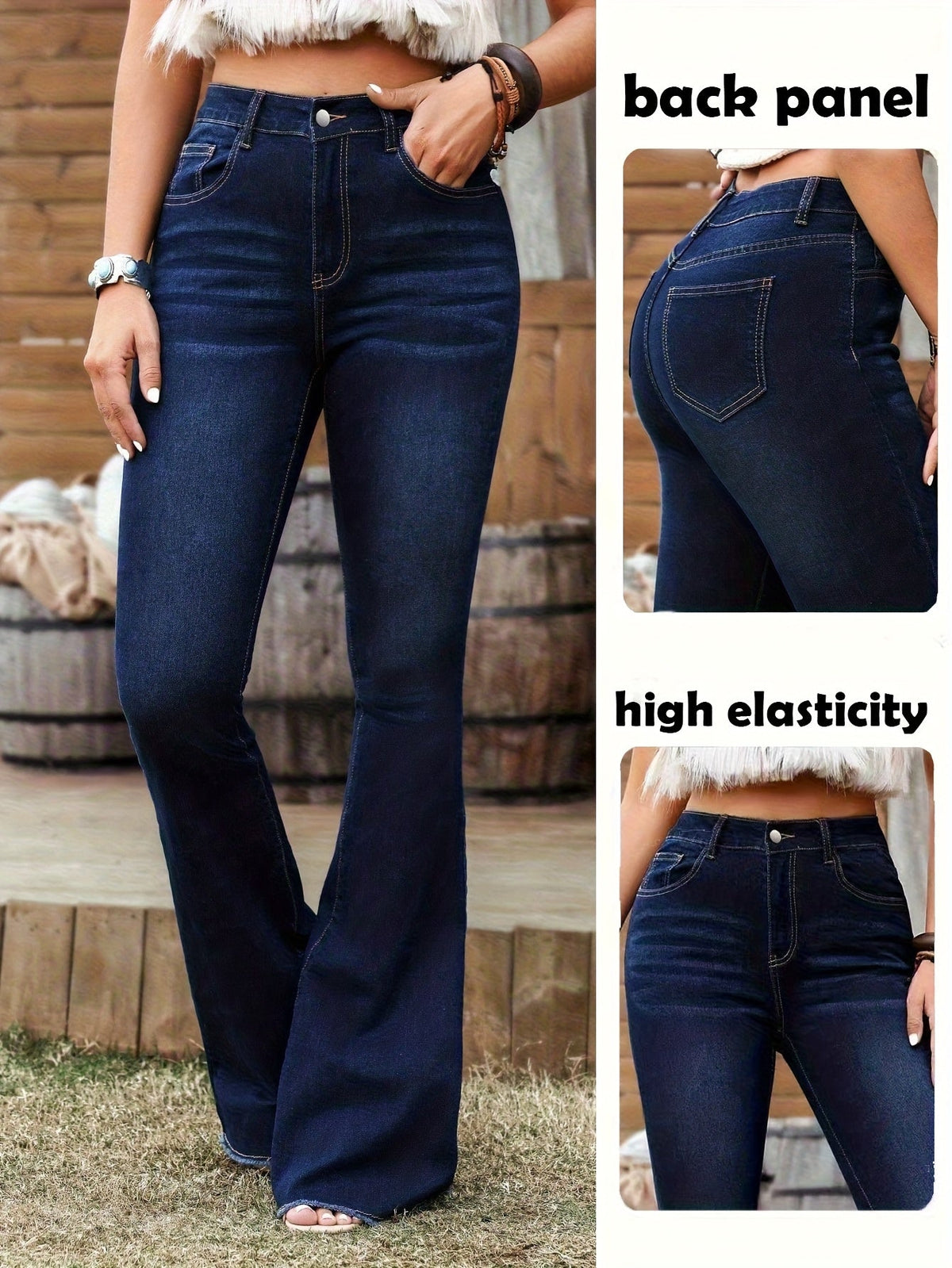 Women's Dark Blue Western Flare Jeans with High Waist, Contrast Stitching and Raw Hem