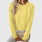 Women's Ribbed Knit Sweater with Crew Neck Long Sleeves Pearl Buttons and Heart Detail