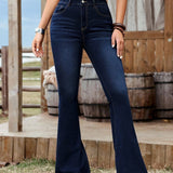 Women's Deep Blue Western Flare Jeans with High Waist, Raw Hem, Contrast Topstitching and Stretch Denim