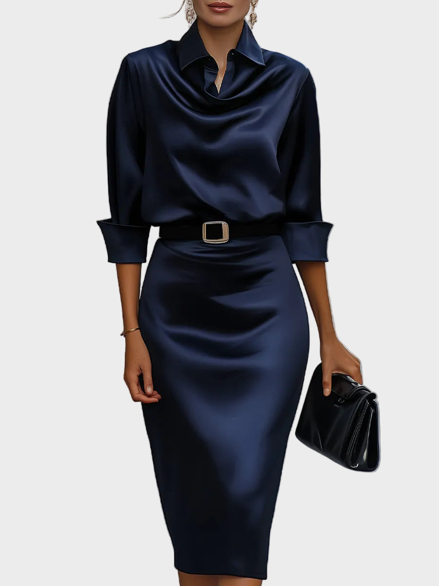 Women's Navy Blue Satin Midi Dress with Draped Cowl Collar, Waist Belt and Three-Quarter Sleeves
