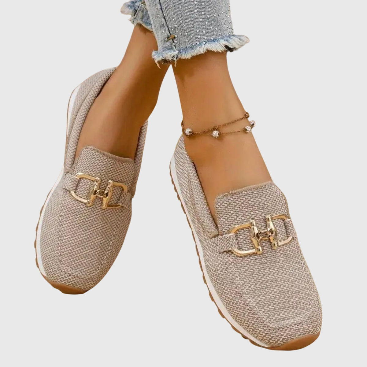 Women's Breathable Mesh Slip-On Loafers with Gold-Tone Buckle, Cushioned Insole and Non-Slip Sole