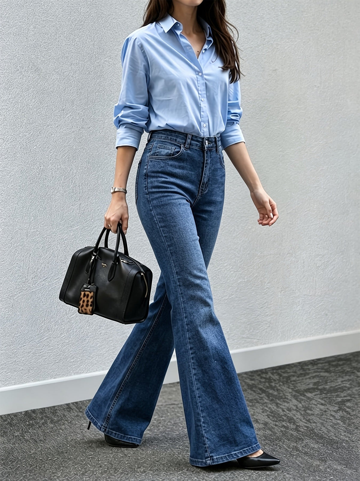 Women's Medium Blue High Waist Flare Jeans with Fitted Thigh, Wide Hem and Stretch Denim