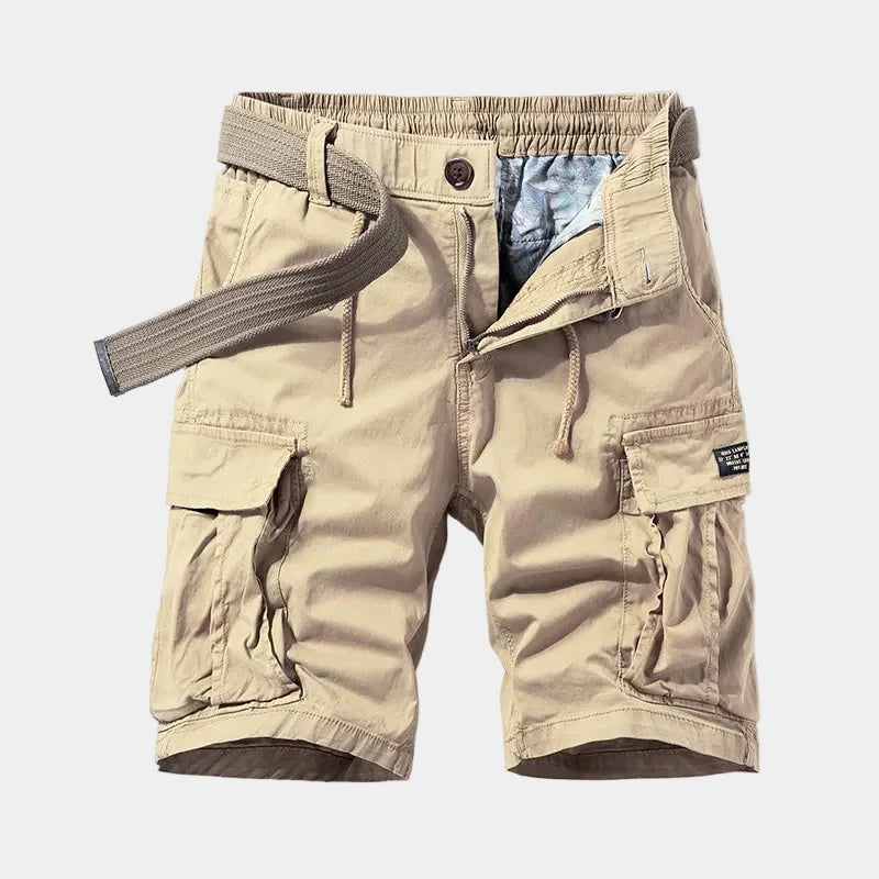 Men’s Beige Cargo Shorts | Casual Utility Shorts with Belt & Multiple Pockets
