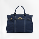 Women's Structured Canvas Tote Bag with Top Handles and Turn-Lock Closure