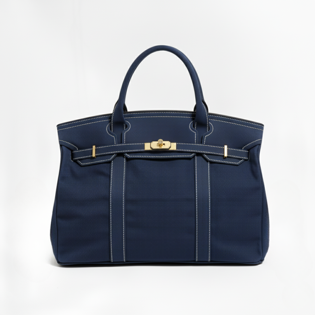 Women's Structured Canvas Tote Bag with Top Handles and Turn-Lock Closure