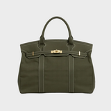Women's Structured Canvas Tote Bag with Top Handles and Turn-Lock Closure
