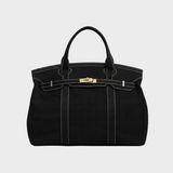 Women's Structured Canvas Tote Bag with Top Handles and Turn-Lock Closure
