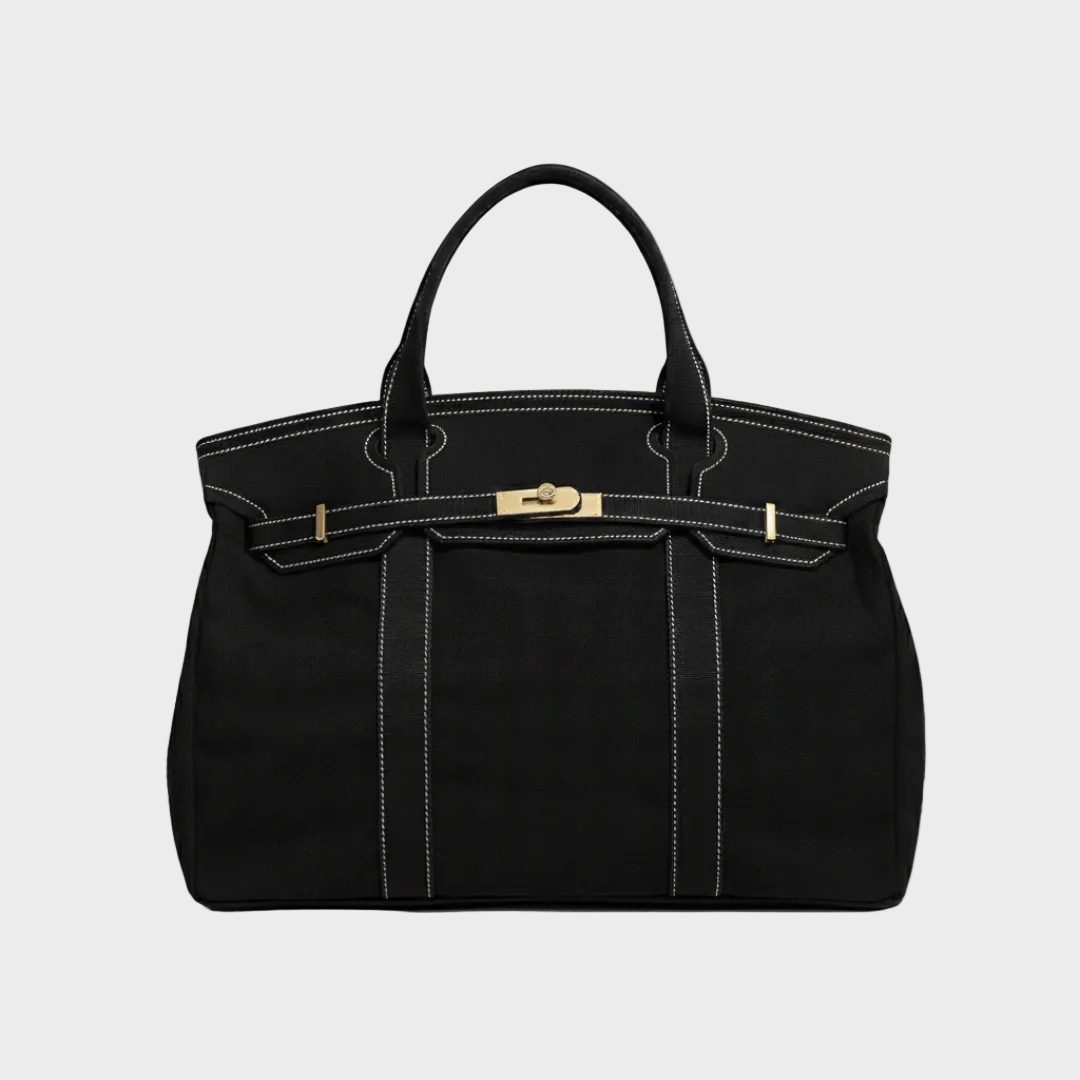 Women's Structured Canvas Tote Bag with Top Handles and Turn-Lock Closure