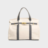 Women's Structured Canvas Tote Bag with Top Handles and Turn-Lock Closure