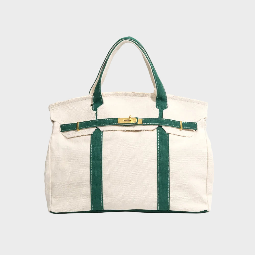 Women's Structured Canvas Tote Bag with Top Handles and Turn-Lock Closure