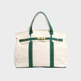 Women's Structured Canvas Tote Bag with Top Handles and Turn-Lock Closure