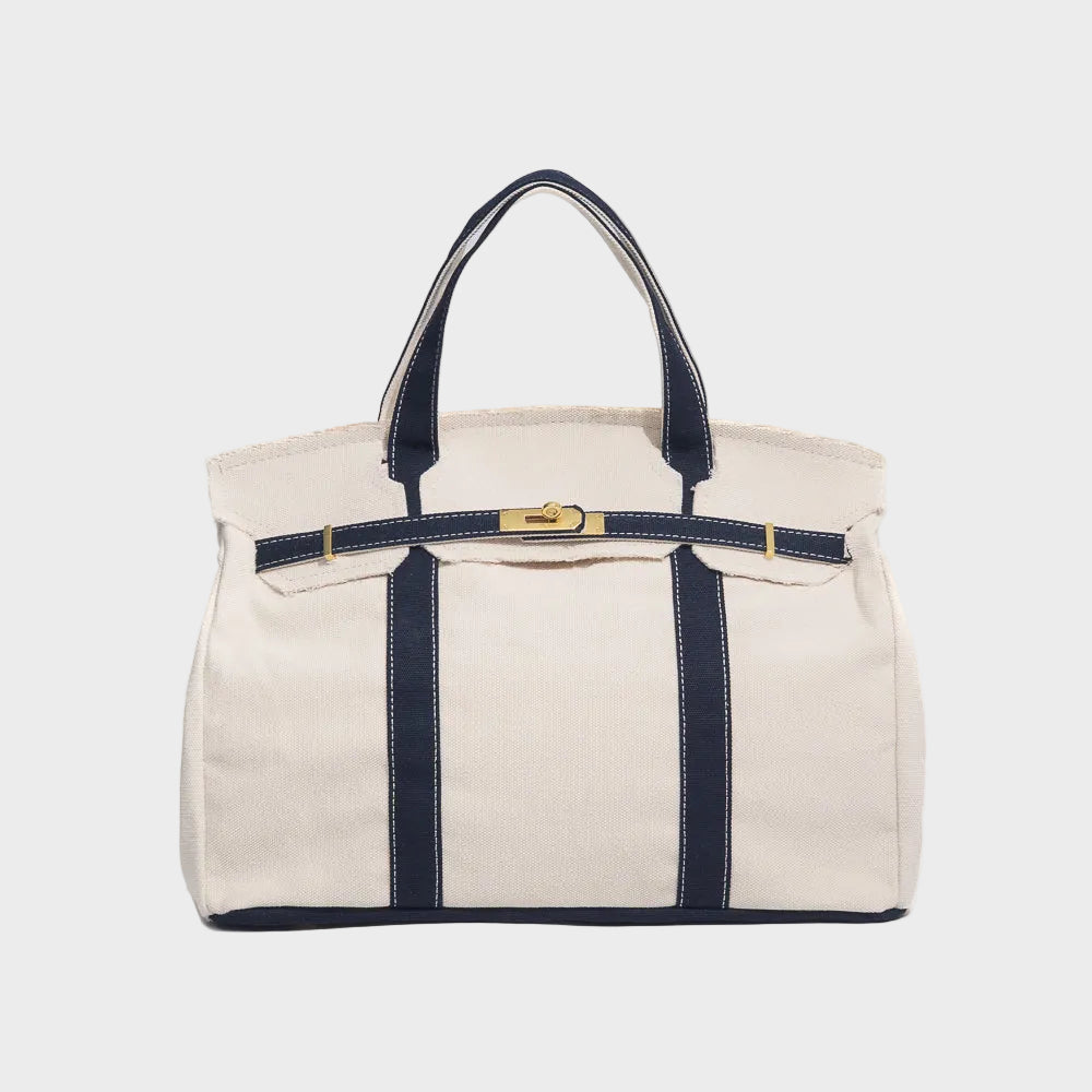 Women's Structured Canvas Tote Bag with Top Handles and Turn-Lock Closure