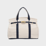 Women's Structured Canvas Tote Bag with Top Handles and Turn-Lock Closure