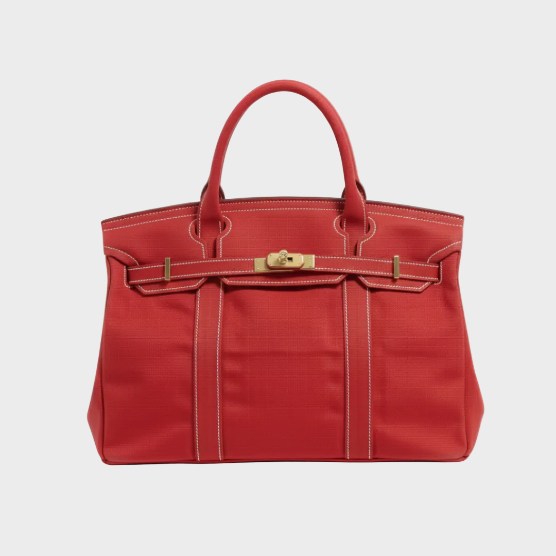 Women's Structured Canvas Tote Bag with Top Handles and Turn-Lock Closure