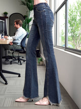 Women’s Medium Blue Frayed Hem Flare Jeans with High Waist, Front Seam Detail and Stretch Denim