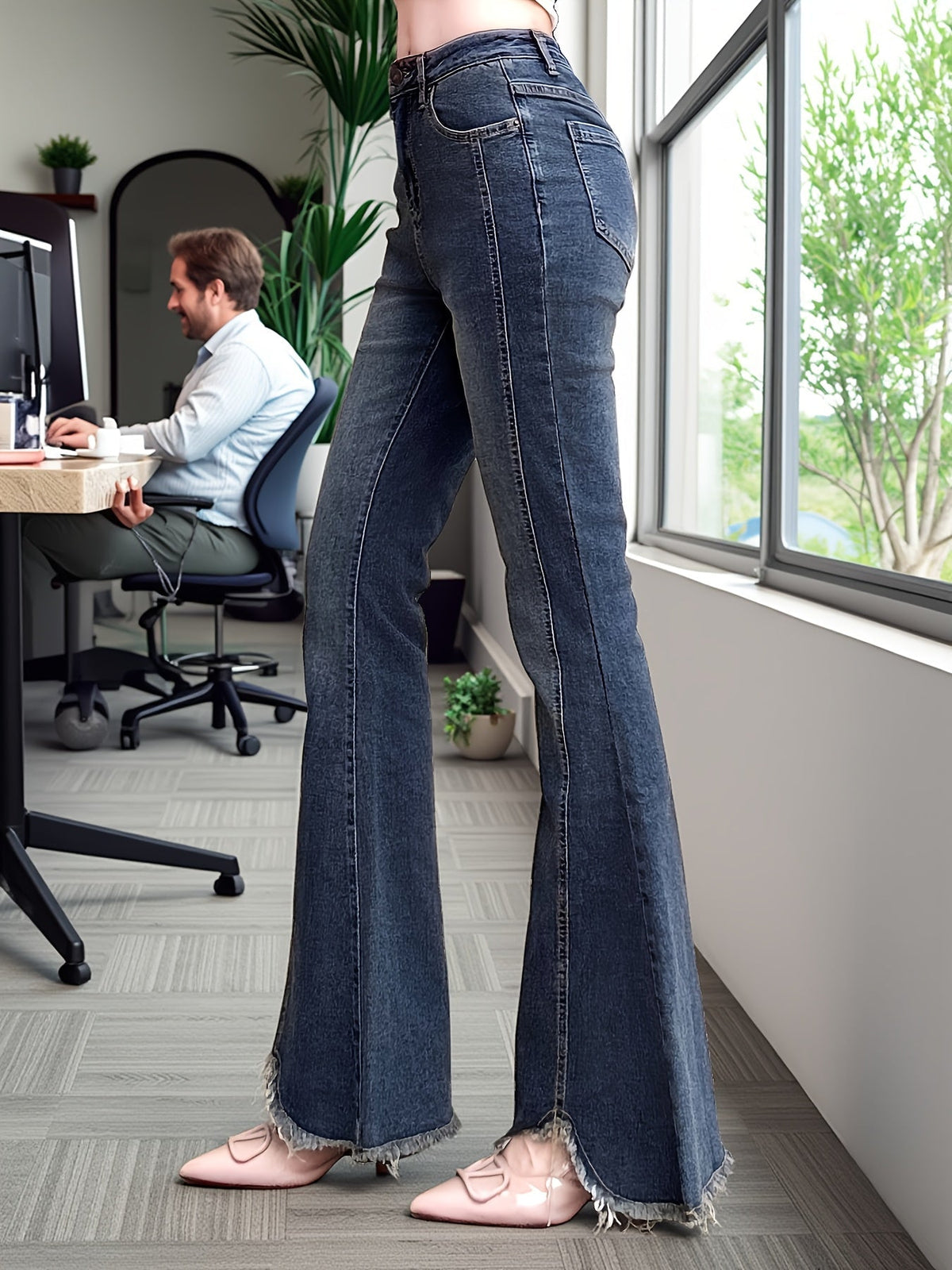 Women’s Medium Blue Frayed Hem Flare Jeans with High Waist, Front Seam Detail and Stretch Denim