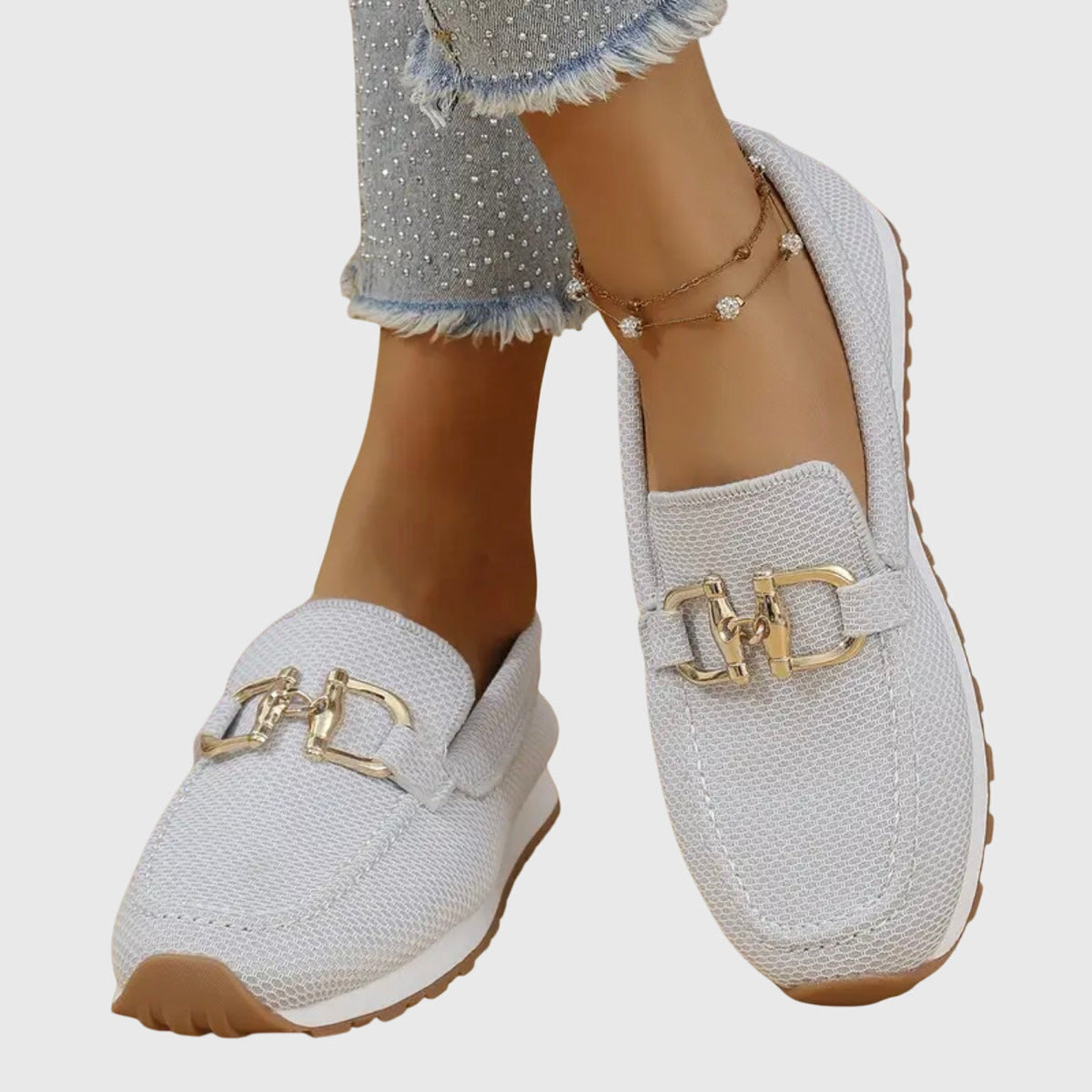 Women's Breathable Mesh Slip-On Loafers with Gold-Tone Buckle, Cushioned Insole and Non-Slip Sole