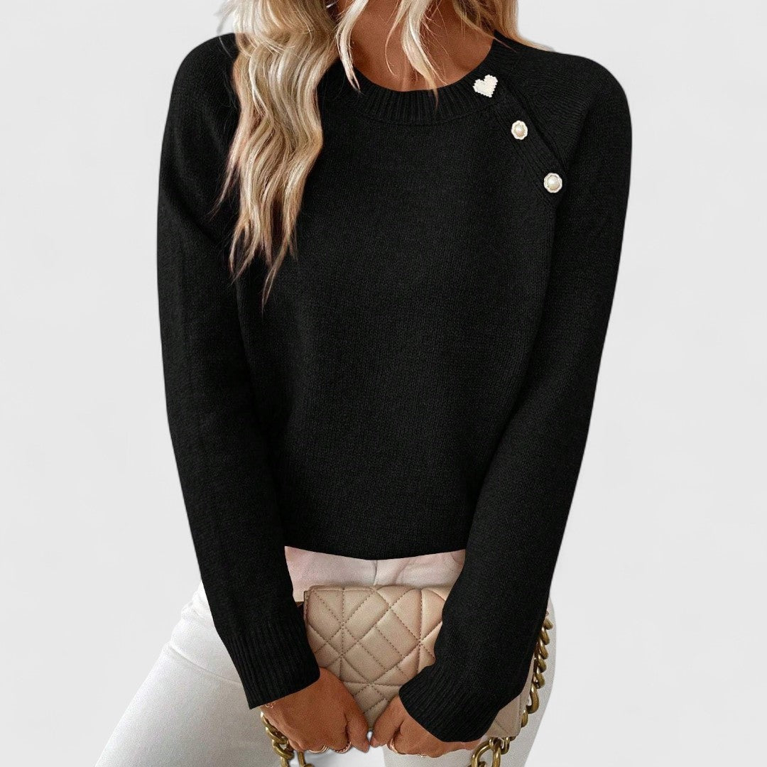 Women's Ribbed Knit Sweater with Crew Neck Long Sleeves Pearl Buttons and Heart Detail