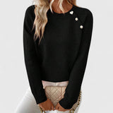 Women's Ribbed Knit Sweater with Crew Neck Long Sleeves Pearl Buttons and Heart Detail